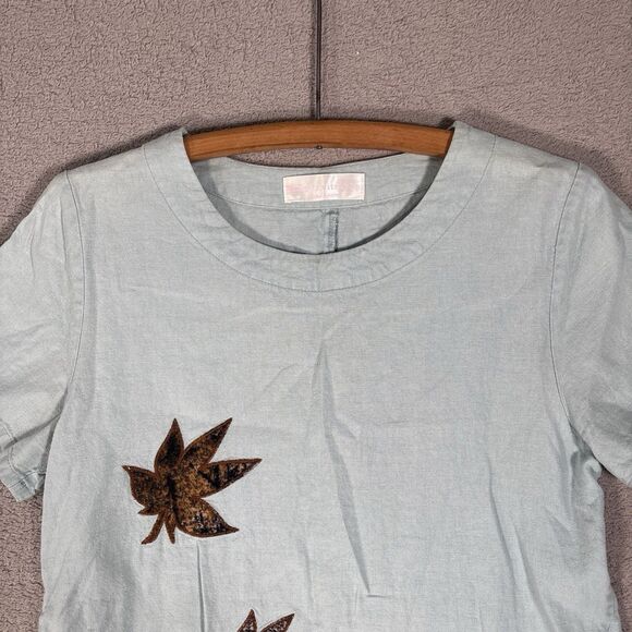 Baletti Vitorino Top Women’s Size M Leaf Applique Slit Hem Powder Blue Bohemian - Picture 2 of 13